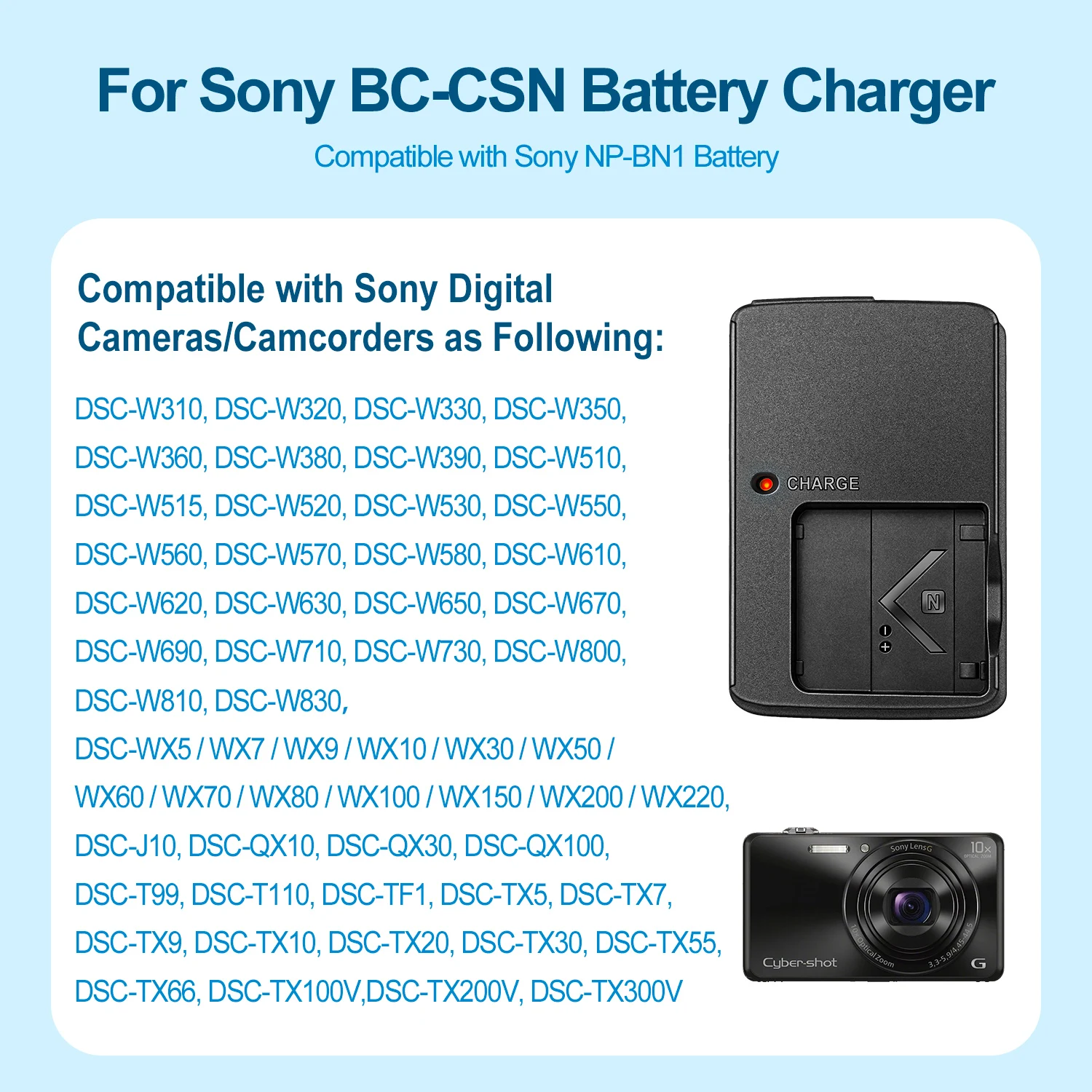 BC-CSN Batterieladegerät für Sony NP-BN1 Akku für DSC-T99 TX5 TX30 TX66 TX100V QX10 QX30 QX100 W310 W350 W520 W560 W630 WX9 WX7 – Detail 3