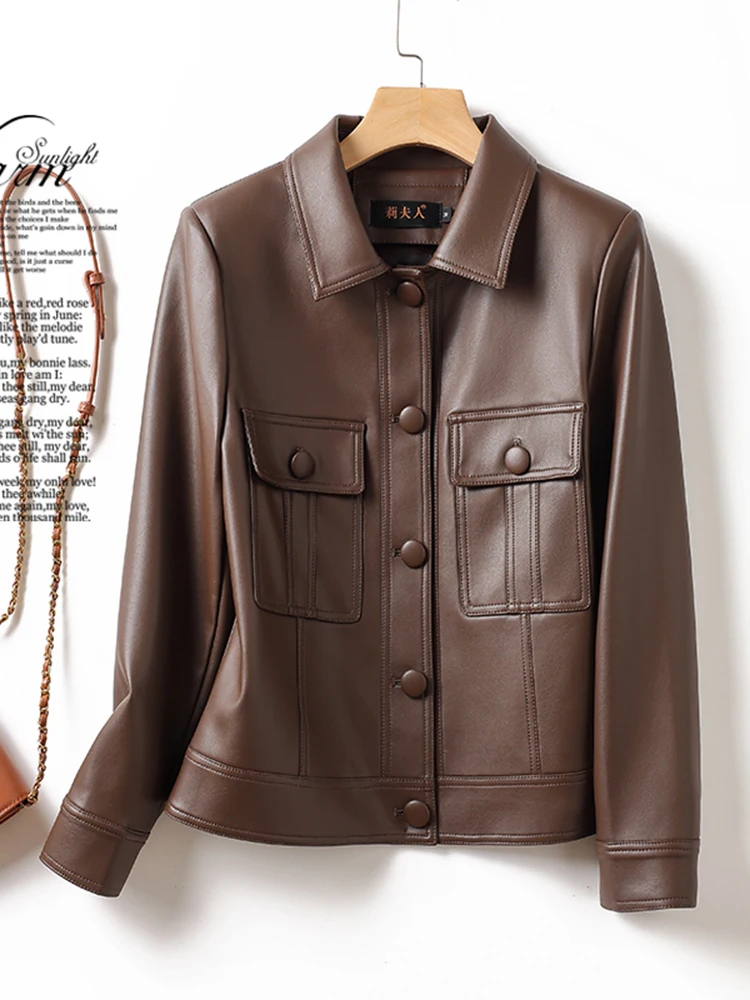 가을 겨울 여성용 슬림핏 가죽 자켓 큰 사이즈 양가죽 코트 소형 아우터 통근 패션 캐주얼 디자인