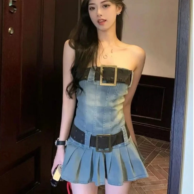 Vintage Strapless Denim Dress Women Bodycon Sexy Dress Harajuku Pleated Mini Skirt Trends Clothes Design Chic Streetwear Summer