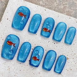 10Pcs Cat's Eye Press On Nail Handmade Shiny Blue Short Square False Nails With Red Fish Designs Summer Nail Tips For Holiday