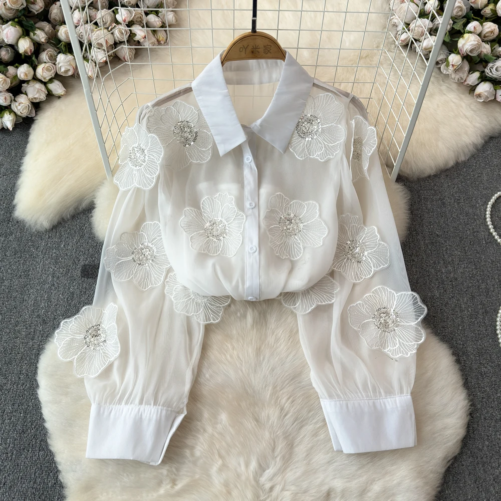 White Shirt Women's 2024 Early Spring New Design Niche Nail Bead Three-dimensional Flower Shirt Top