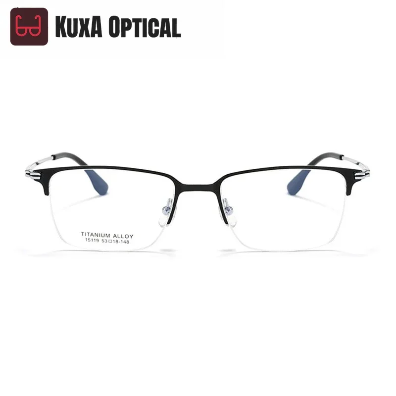 Okulary męskie KUXA, modne, z czystego tytanu, półramkowe, z soczewkami optycznymi, lekkie, do okularów korekcyjnych dla mężczyzn.