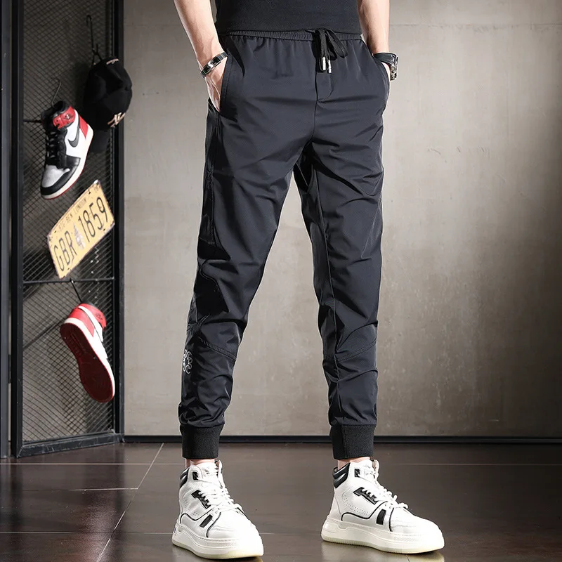 남성용 여름 아이스 실크 캐주얼 바지, 슬림핏, 신축성, 통기성, 발목 묶음, 스트리트 속건 스포츠 바지