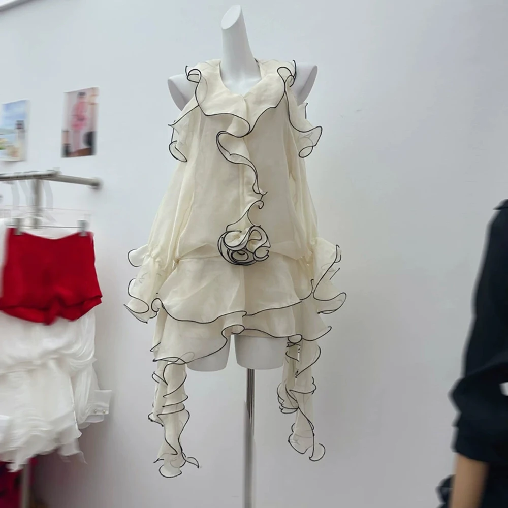 

European station new white ruffle dress three-dimensional flower gentle pure skirt-GZXX327