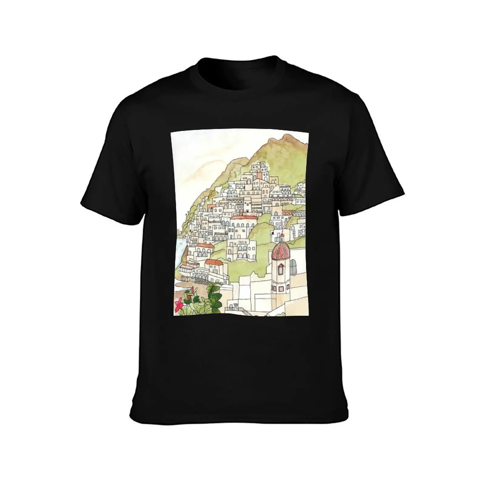 Positano Ink and Watercolor T-Shirt Summer Casual Cotton Tee Oversized Streetwear Tops Vintage Graphic Print 100% Cotton