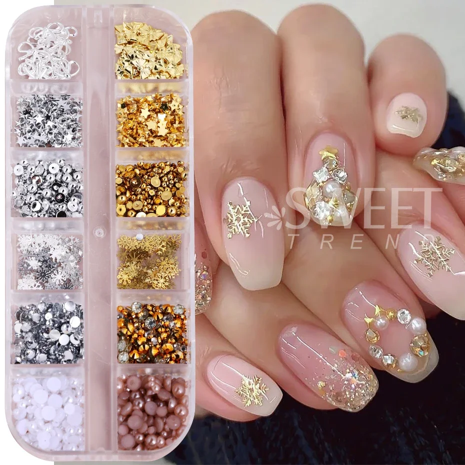 12 Grids Christmas Nail Art Decor Gold Silver Snowflake Star Pearl Bow Rhinestones Nail Charms Jewelry DIY Manicure Accessories