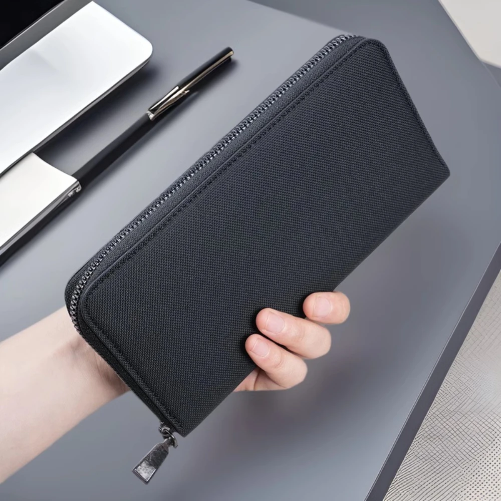 Bolsa de moedas masculina com zíper longo com grande capacidade e vários compartimentos, bolsa de mão transfronteiriça de lona comercial e cas de cartão