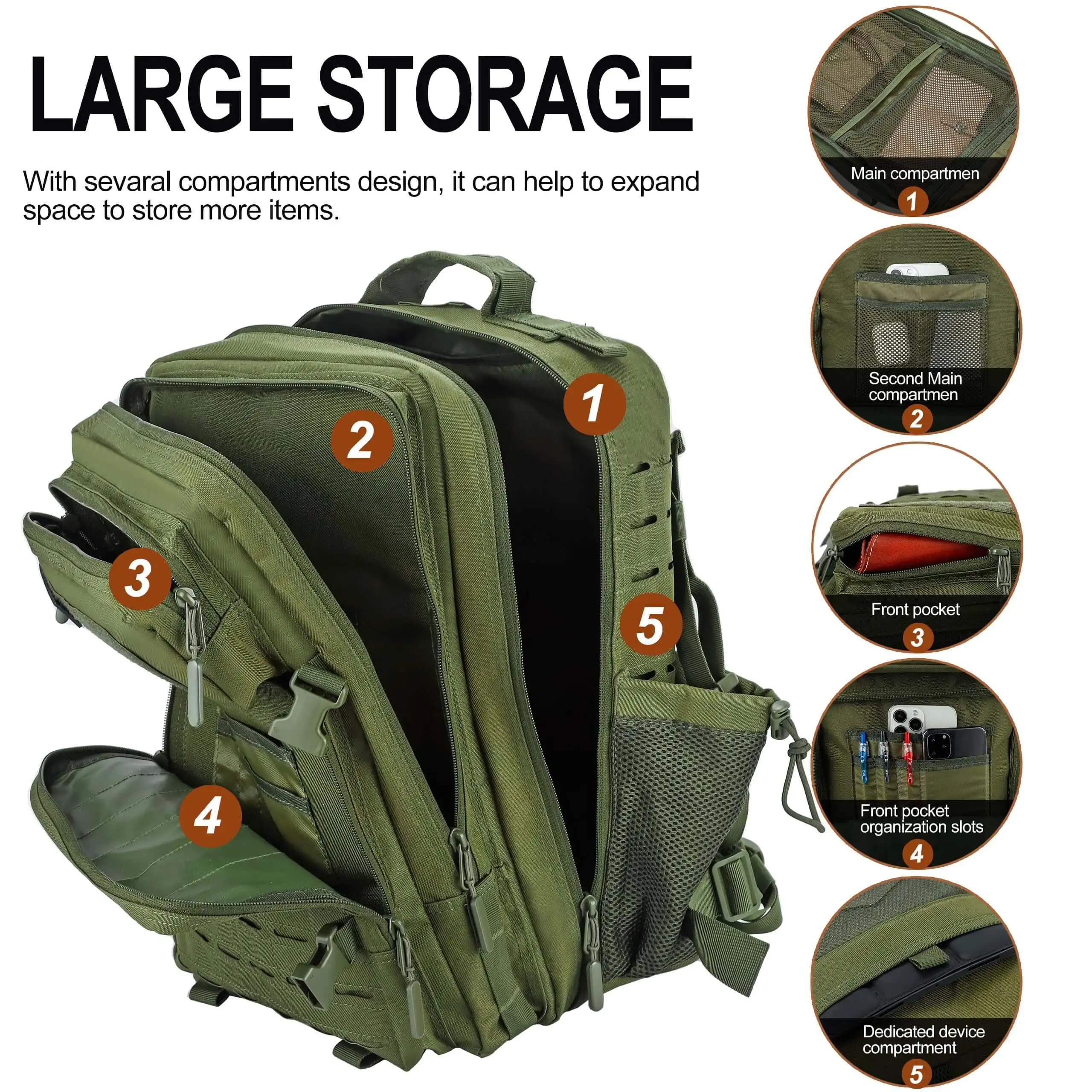 LHI 45L Military Tactical Backpack Army Camouflage Assault Pack Waterproof Outdoor Survival Bug Out Bag With Bottle Holder