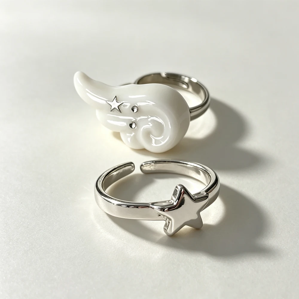 Y2K Wings Star Wings Set Koreanischer Engelsflügel Fünfzackiger Stern Design Offener Ring für Damen Herren Punk Gothic Ring Verstellbare Ringe