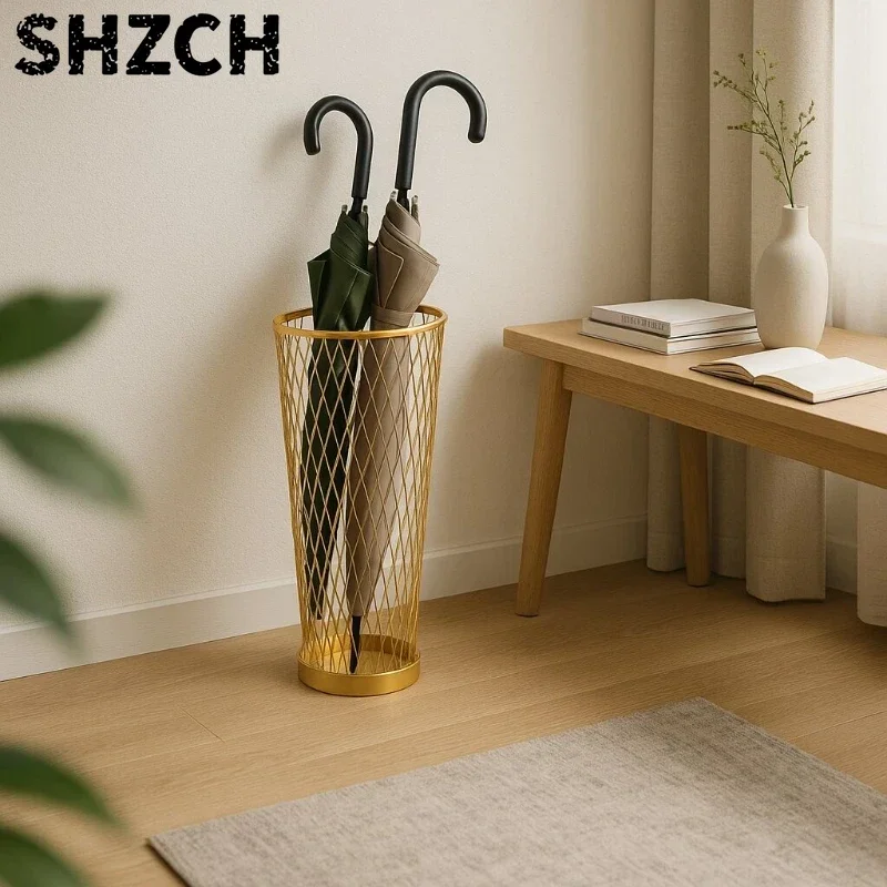 Luxury Golden Iron Umbrella Stand Modern Mesh Design Entryway Organizer Creative Light Hollow Umbrella Holder for Home Decor