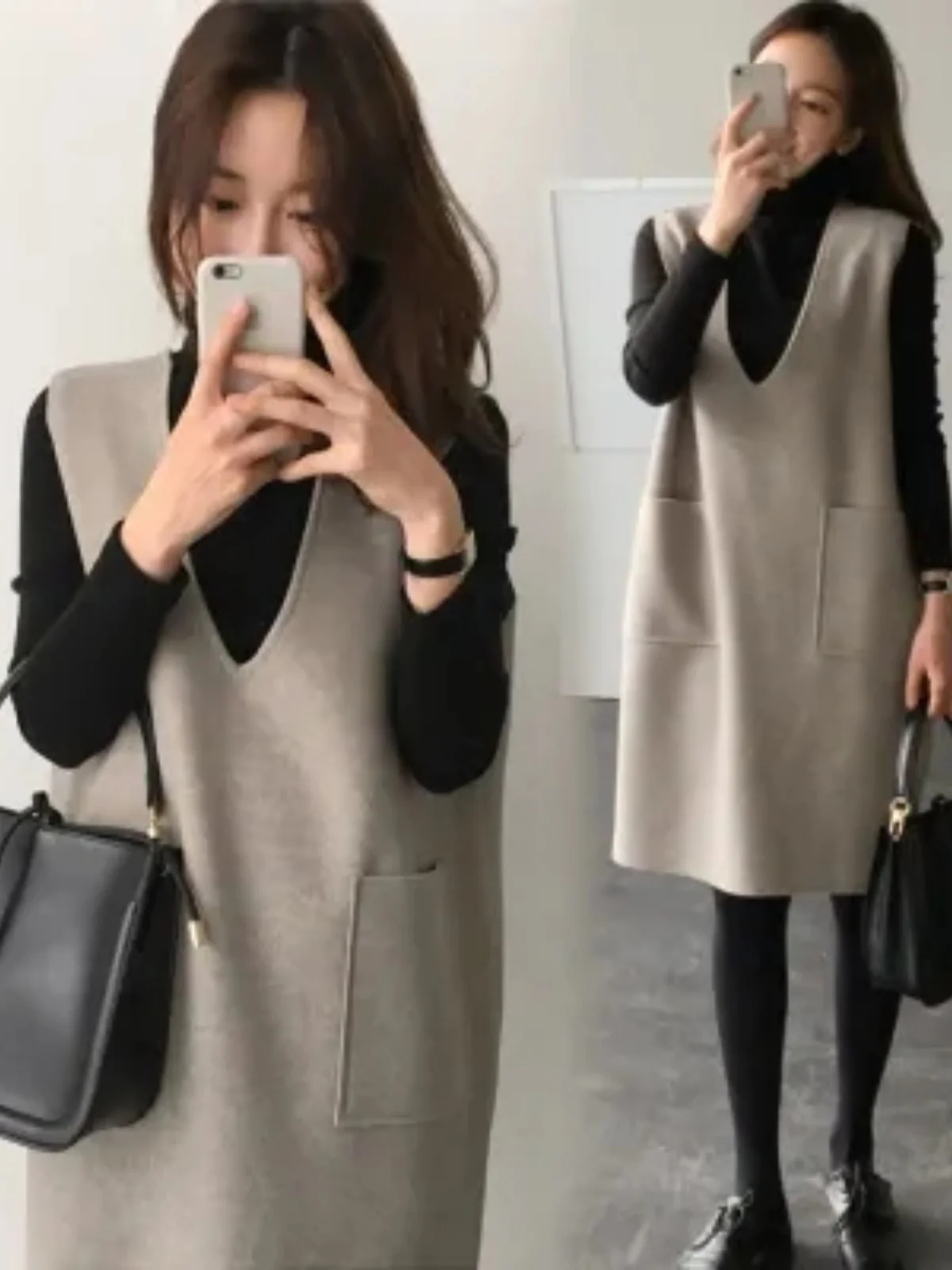 

Bla Woolen Vest Long Sve Base irt Two-Piece Slimming Midi Dr Loose Fit Autumn Winter New Sle Korean Version Vest ...