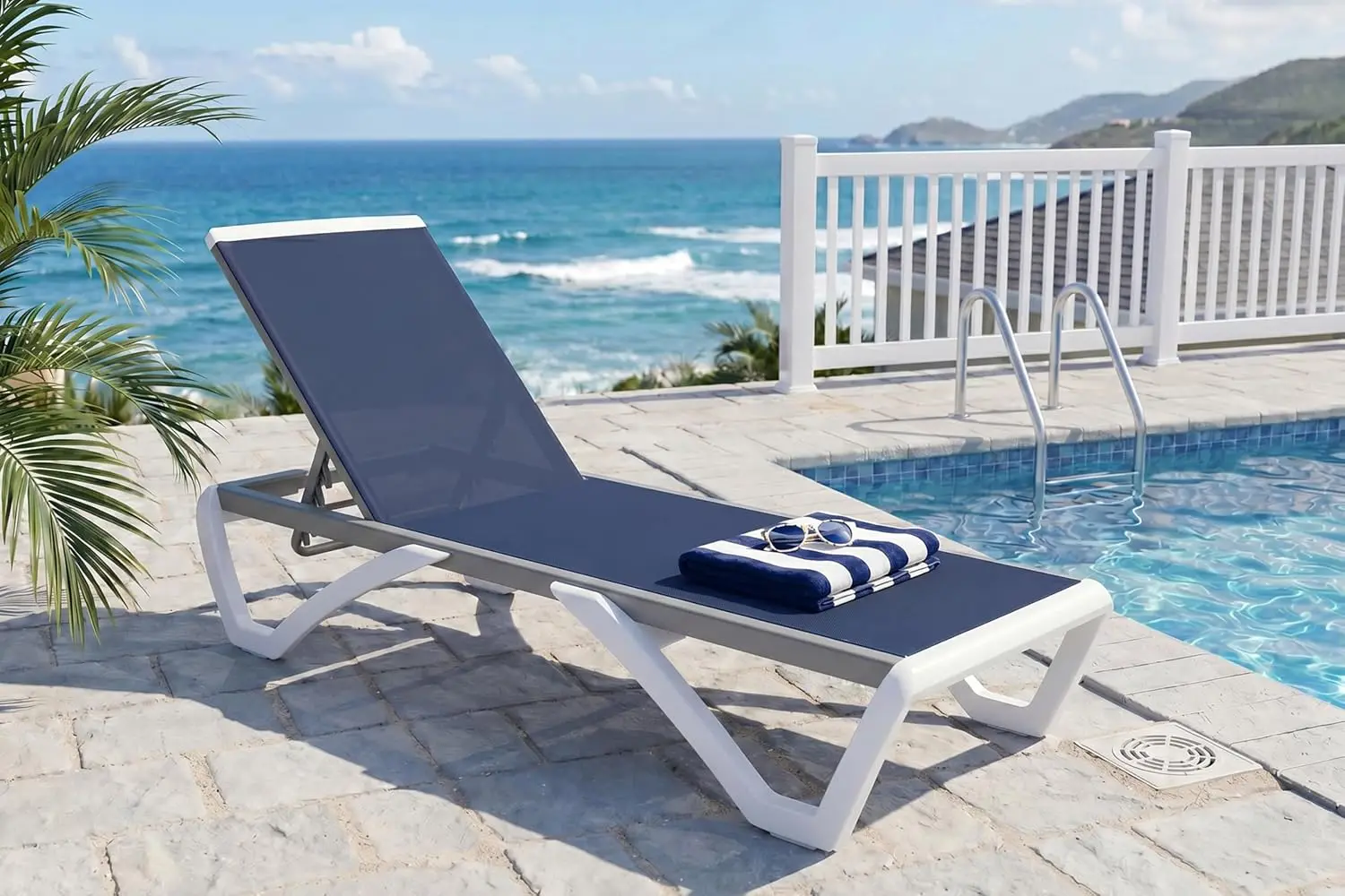 Patio Chaise Lounge Chair 1 Piece Plastic Fully Flat Navy Blue, Customized