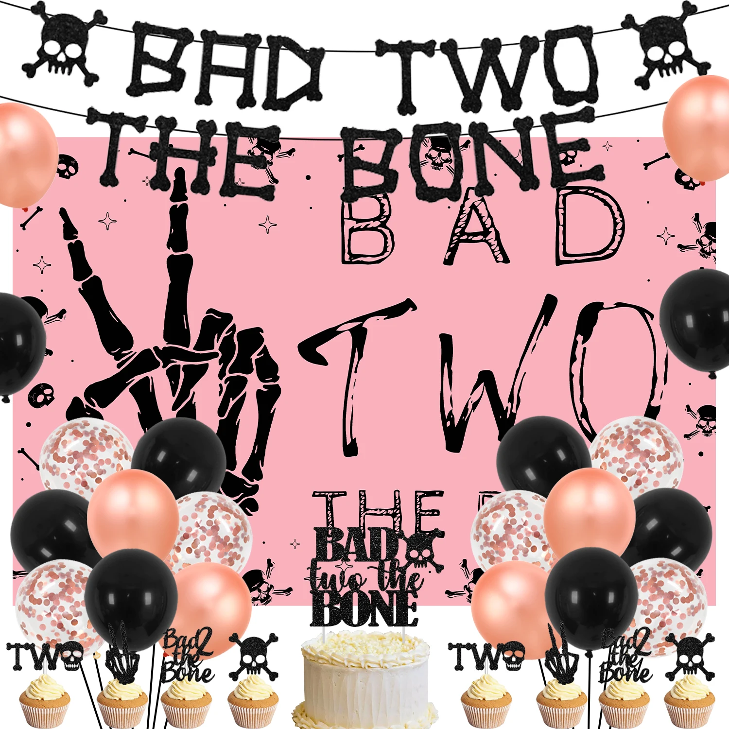 

Skeleton 2nd Birthday Party Decor Bad Two The Bone Birthday Glitter Banner Cake Toppers Rock N Roll Skull Two Years Old Birthday