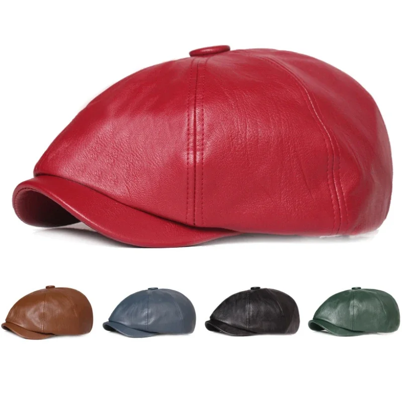 

Female Berets Women Spring Autumn PU Leather Hat Female Artist Painter Beret Hat Lady Solid Red Black Grey Octagonal Newsboy Cap