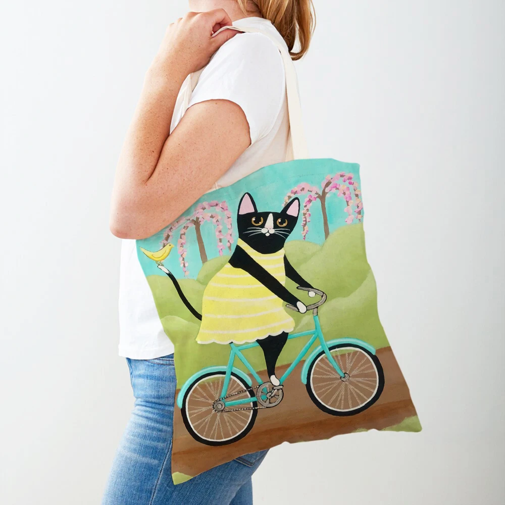 Cute Bicycle Bike Cat Women Shopper Bag Lady Shopping Bags Both Sided Foldable Reusable Canvas Animal Shoulder Handbag Tote