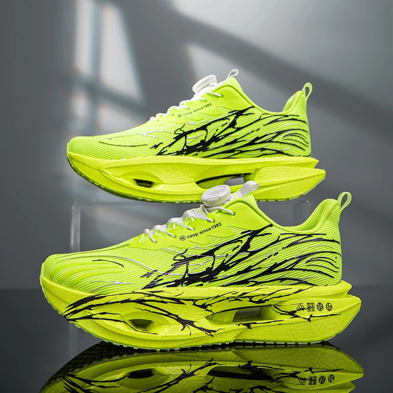 Men Carbon Plate Running Shoes Rotating Buckle Lightweight Breathable Sneakers Shock Absorption Athletic Training Sports Shoes
