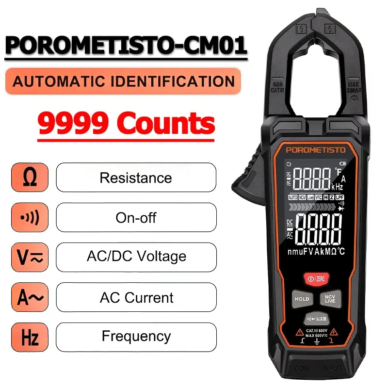 POROMETISTO Cyfrowy miernik cęgowy Multimetr DC/AC 9999 zliczeń 600 V 600 A Napięcie prądu Prawdziwe RMS Pojemność NCV Ohm Hz Amperomierz