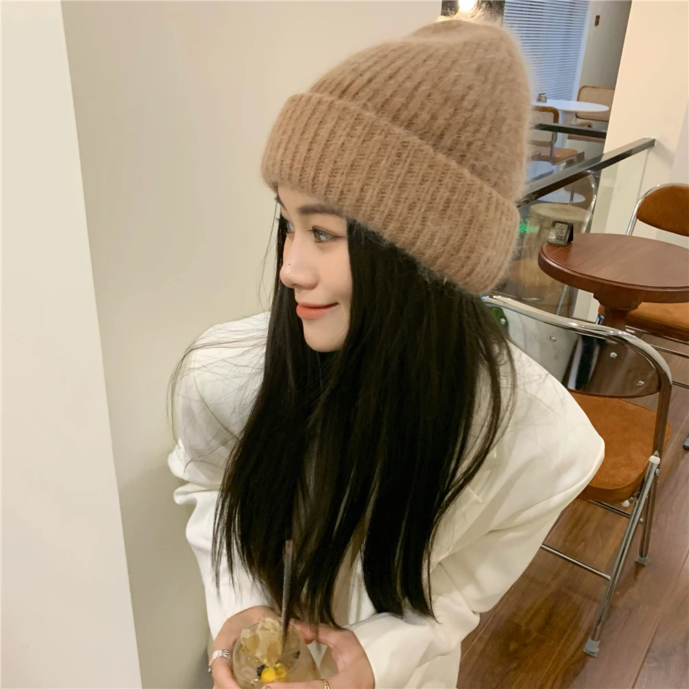 2021 Rabbit Fur Winter Hat for Women Beanie Cashmere Wool Cap Angora Knitted Skullies Beanies Thick Warm Soft Knit Hat Bonnet