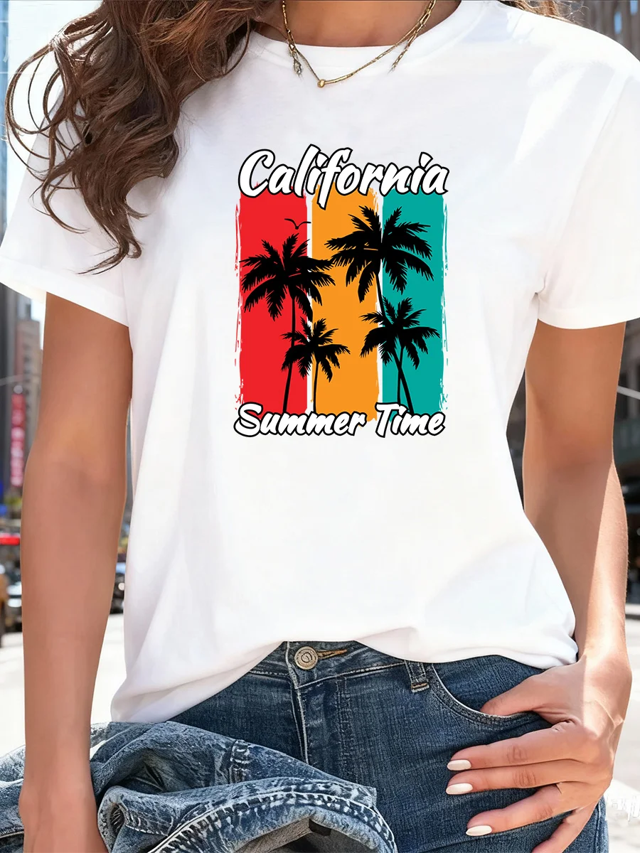 

White Short Sleeve T-Shirt with California Summer Time Print and Colorful Palm Tree Design