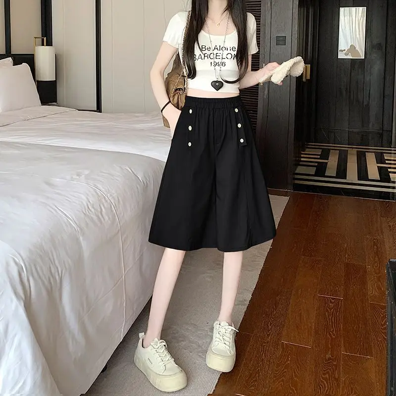 Elastic Waist Button Patchwork Plus Size Korean Five-point Pants New Summer Solid All-match Casual Fashion Trend Women Clothing