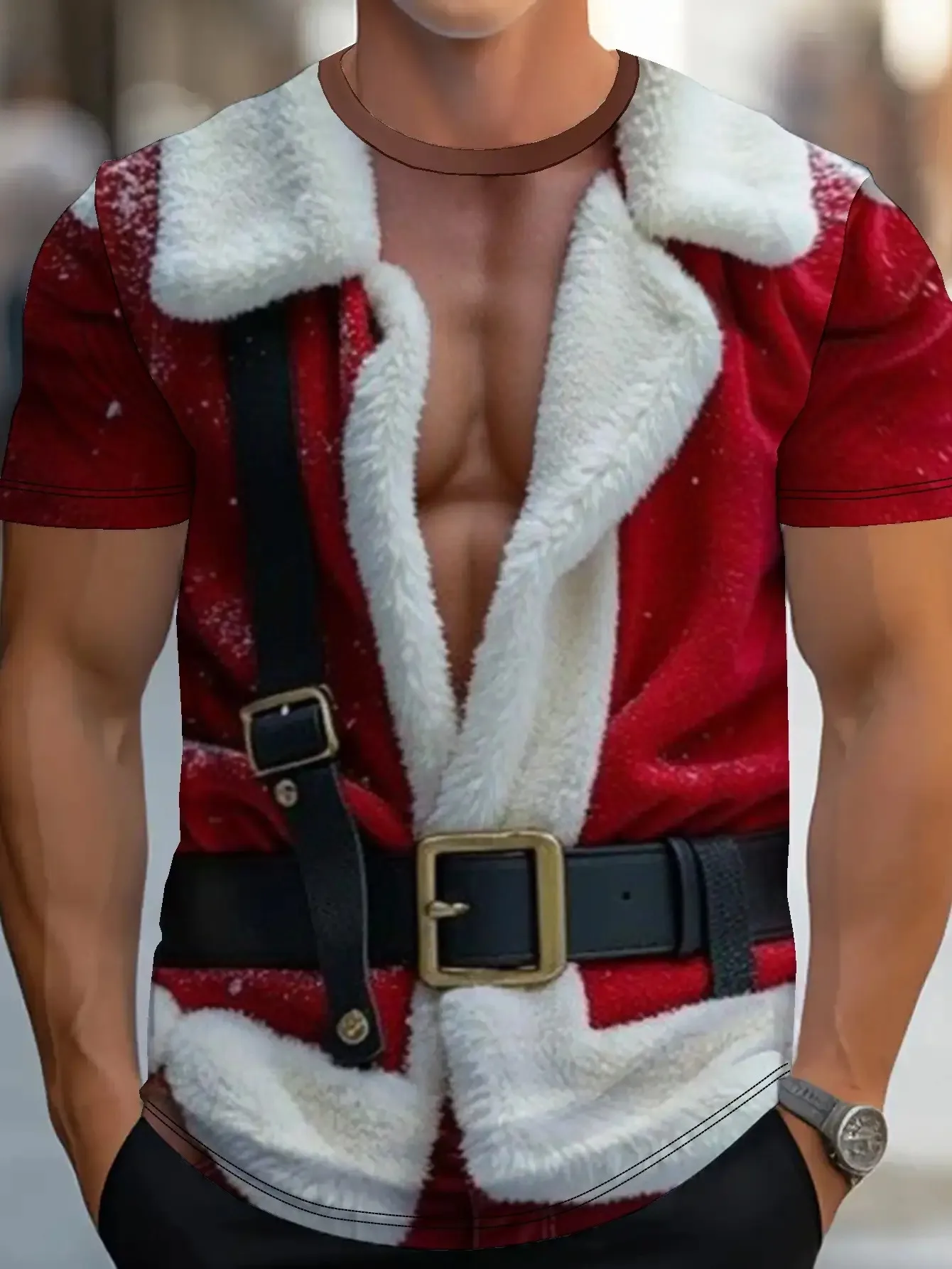 Herren-Weihnachts-T-Shirt mit Allover-Print - Weihnachtsmann- und Elfen-Kostüm, Design mit weißem Bart und rotem Anzug, lässiges Feiertagsparty-Kostüm – Detail 3