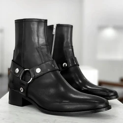 Black Men's Short Boots Genuine Leather Zip Business Low-heeled Handmade Ankle Boots for Men Fashion Work Punk Zapatos Hombre