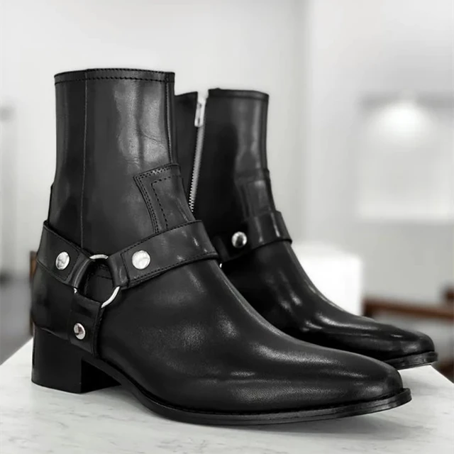 Czarne męskie krótkie kozaki z prawdziwej skóry na zamek ręcznie robione botki na niskim obcasie dla mężczyzn praca z modą Punk Zapatos Hombre