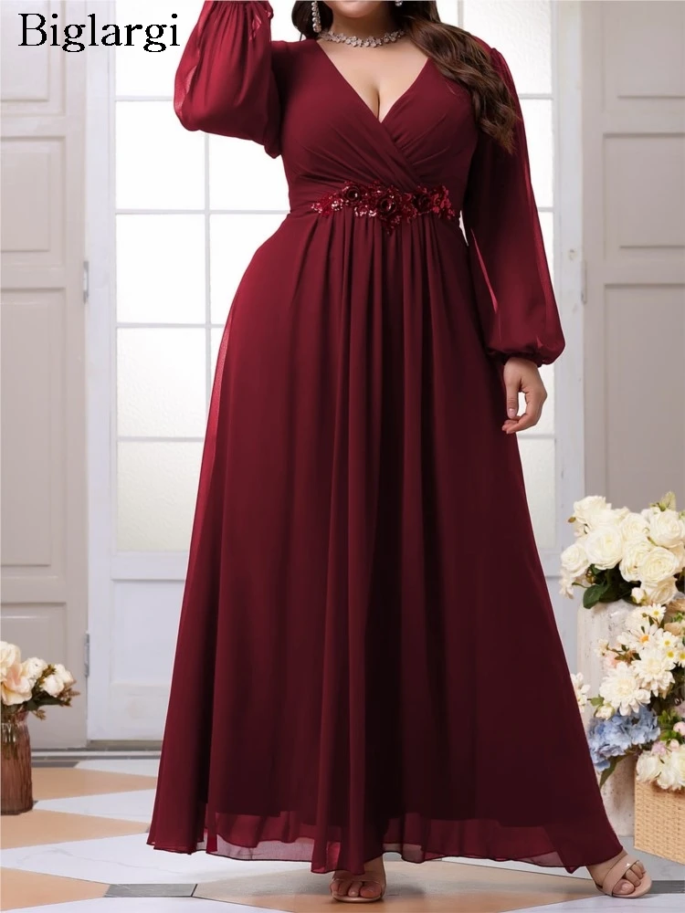 Plus Size Autumn Dress Women Sequin Flower Modis Elegant High Waist Ladies Long Dresses Loose Ruffle Pleated Woman V-Neck Dress