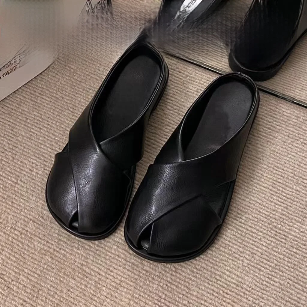 

Trendy Summer Flat Bottom Slip-On Women's Semi-Sandals Lazy One-Step PVC Waterproof Platform Low Heel Sweet Style Daily Wear