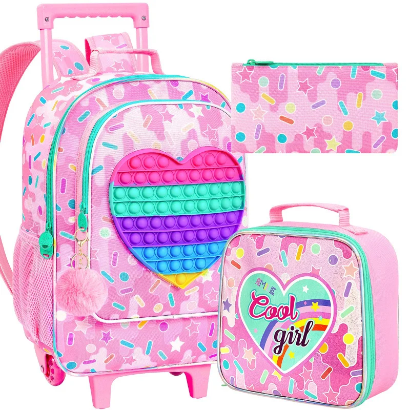 

3PCS Rolling Backpack for Girls,Kids Dinosaur Backpacks with Roller Wheels, Wheeled Bookbag with Lunch Box for-Love Pink