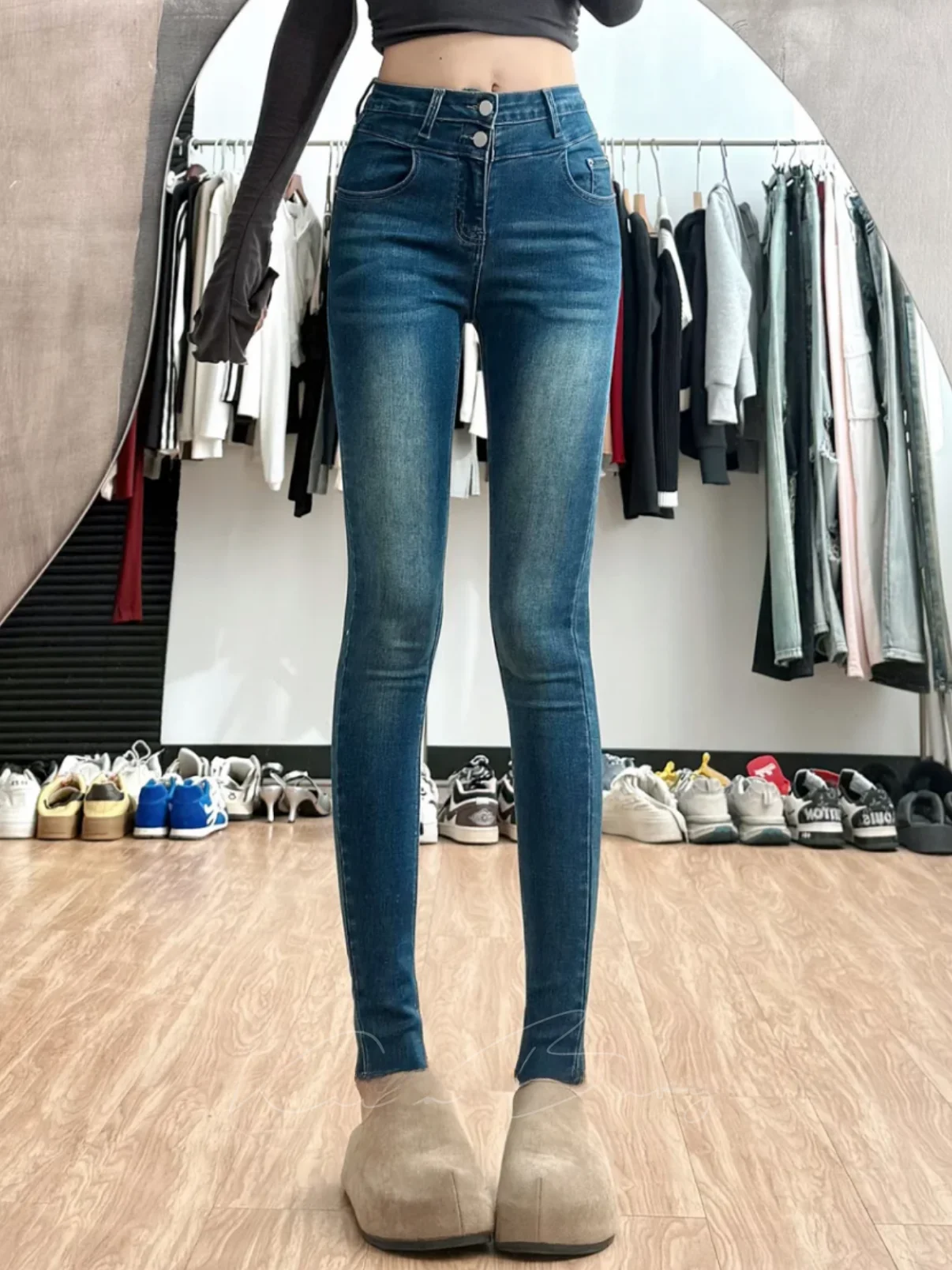 

Retro Deep Blue Double Buckle High Waist Skinny Jeans Women's Tight Butt Enhancing Sexy Trendy Cotton Stretch Denim Pants