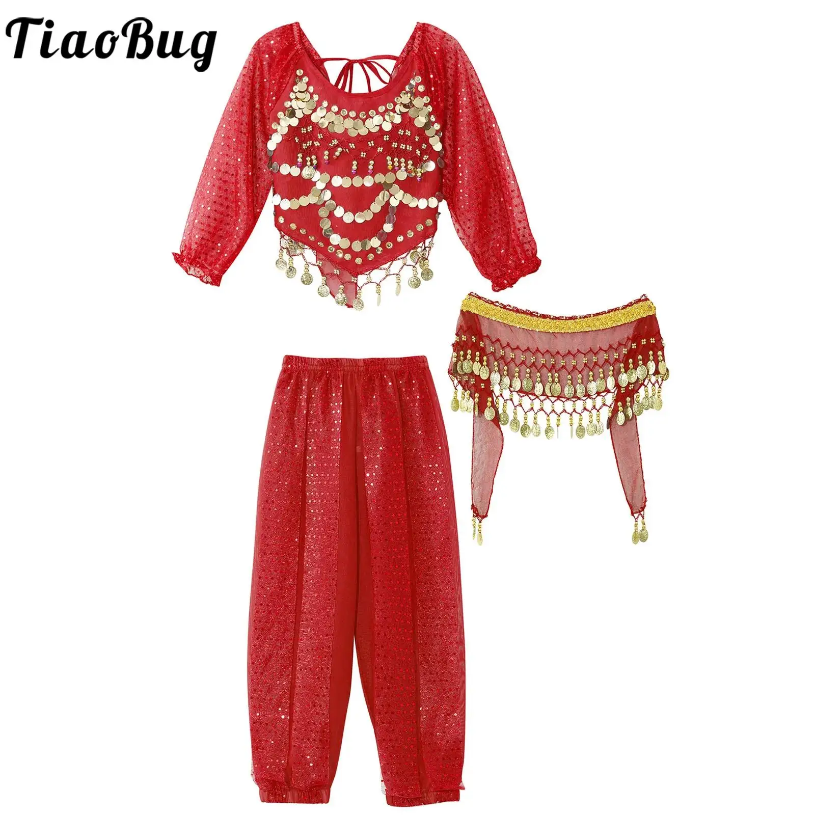 Mädchen Indien Bauchtanz arabische Prinzessin Performance Kostüm Langarm Crop Top mit Harems hose Hüfttuch Bauchtanz für Kinder