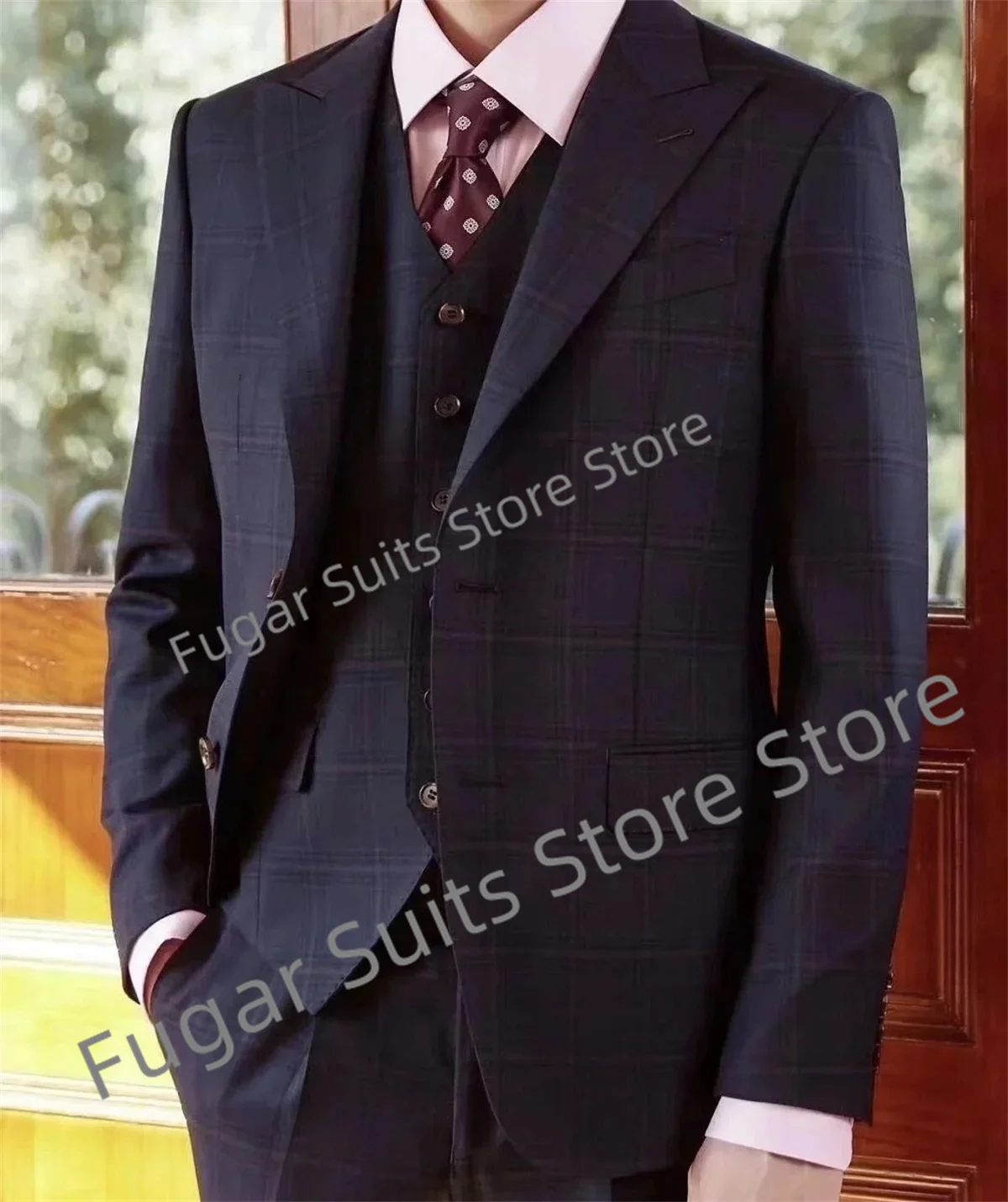 

Classic Plaid Wedding Men Suits Slim Fit Peak Lapel Groom Formal Tuxedos 3 Pieces Sets Business Office Male Blazer Costume Homme