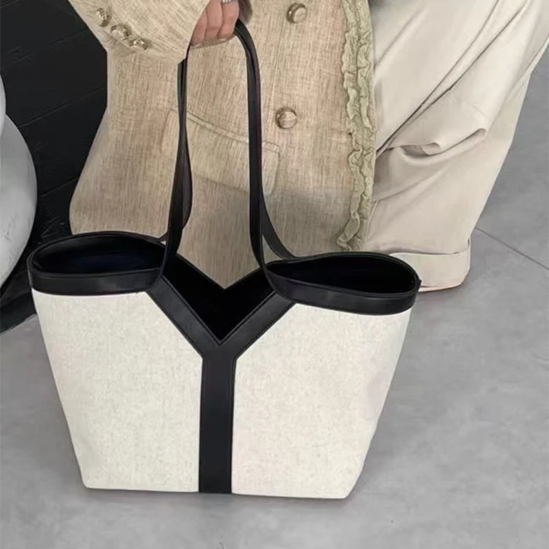 

Fashion Y Shape Shoulder Bag Color Matching Underarm Bag Highend Shopping Bag Storage Canvas Tote Women Versatile Commut Handbag