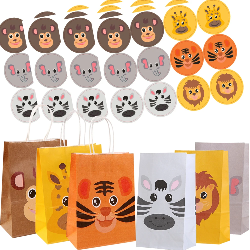 Autocollants animaux sauvages en papier pour enfants, sacs d'emballage de bonbons et de strass, jungle, safari, forêt, fournitures de fête d'anniversaire, 1 jeu de freins