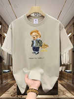 Men's Summer 100% Cotton Fashion Leisure Sports Loose Travel Bear Cartoon Pattern Printed Round Neck Short Sleeve T-shirt Top