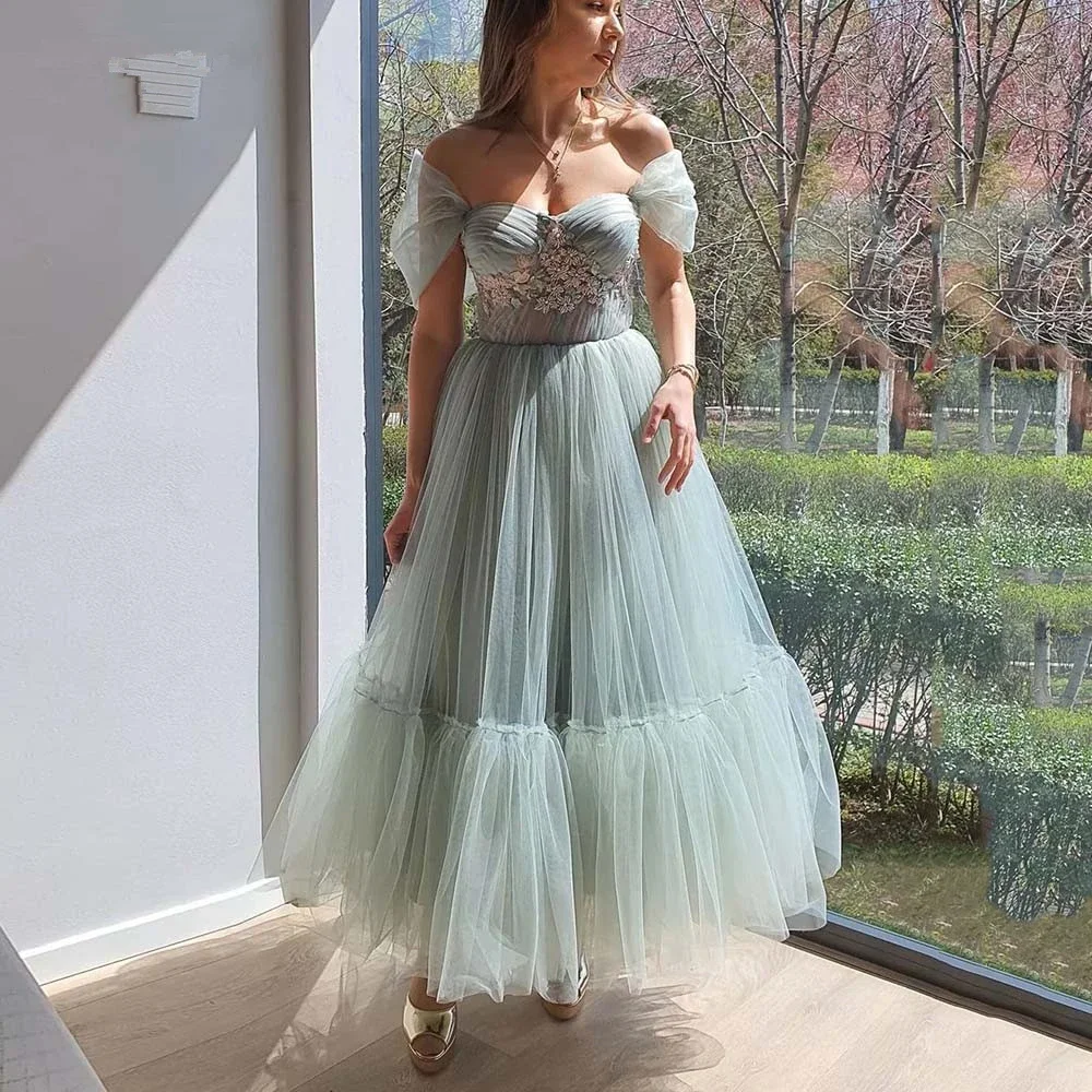 

Customized Evening Dress Green Tulle Off the Shoulder Tiered Ankle-Length A-Line Plus size Women Formal Party Gown H880