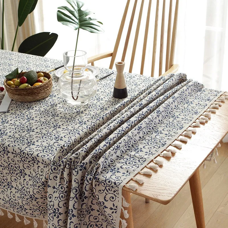 New Chinese Retro Blue And White Porcelain Cotton Linen Decor Rectangular Table tablecloth Tassel Table Mat Tea Table Tablecloth