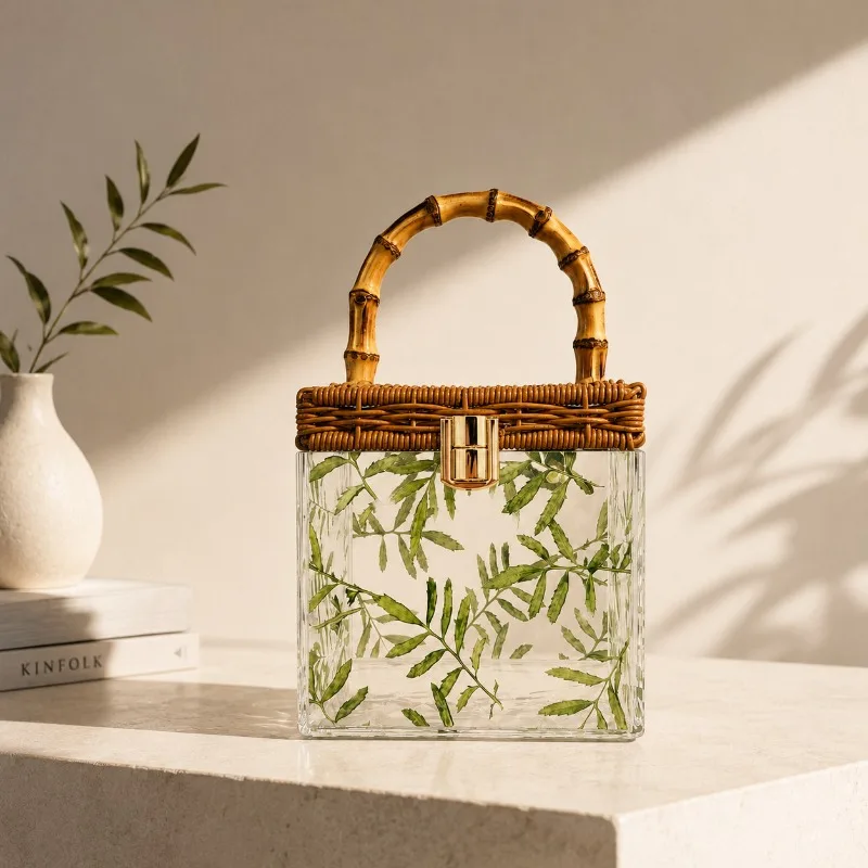 Fashion Transparent Acrylic Box Leaf Pattern Print Square Handbag Bamboo Handle Wicker Beach Bag Summer Holiday Vacation Summer