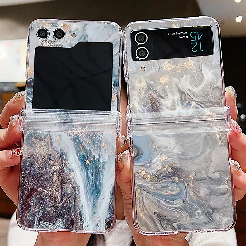 Marine Marble Pattern Clear Folding Phone Case For Samsung Galaxy Z Flip5 Flip4 Flip3 Hard PC Cover For Samsung Z Flip 5 4 3 5G