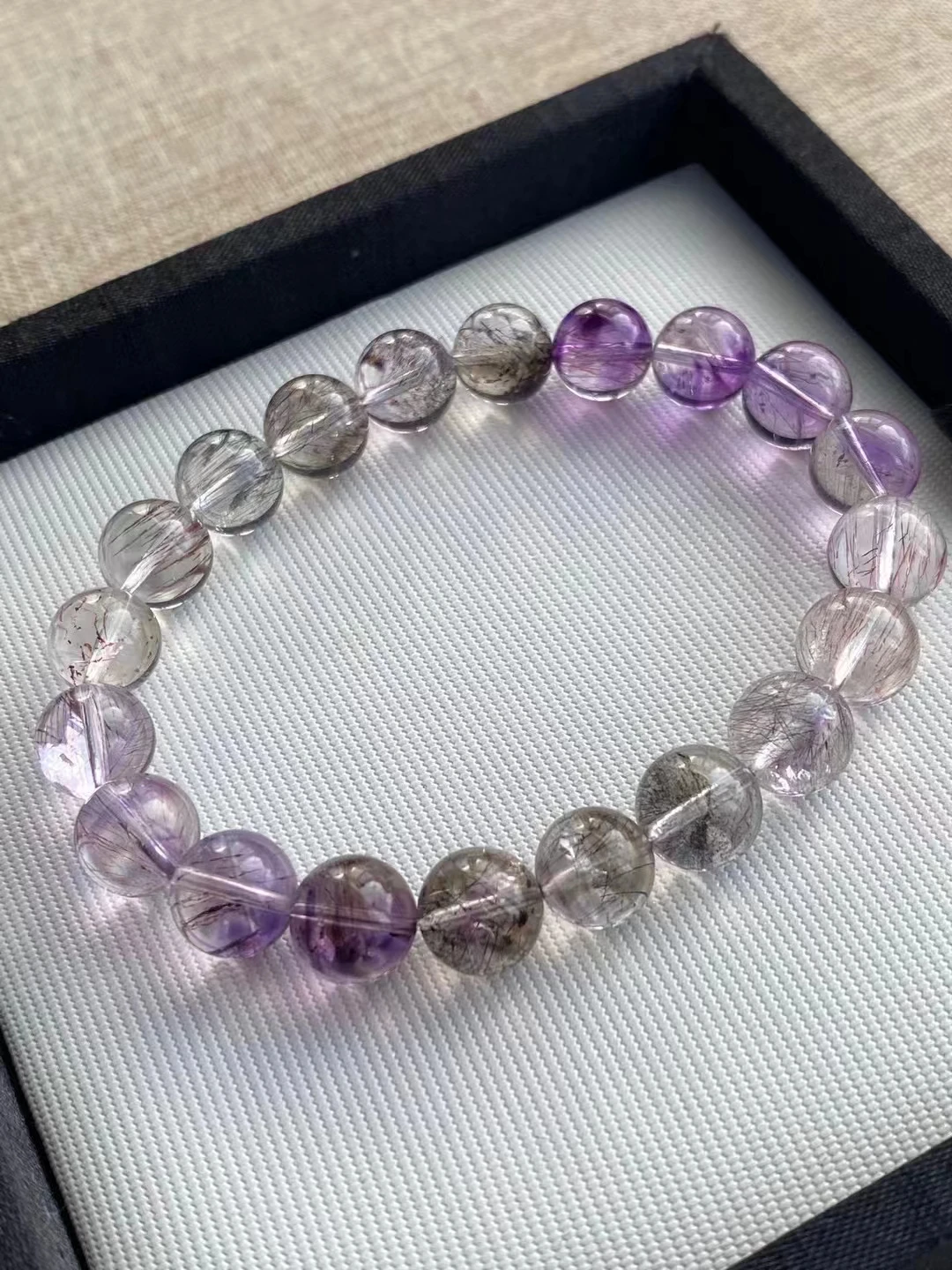 9.5mm Natural Purple Super Seven 7 Lepidocrocite Quartz Bracelet Black Clear Round Beads 14.3mm Women Men AAAAAAA