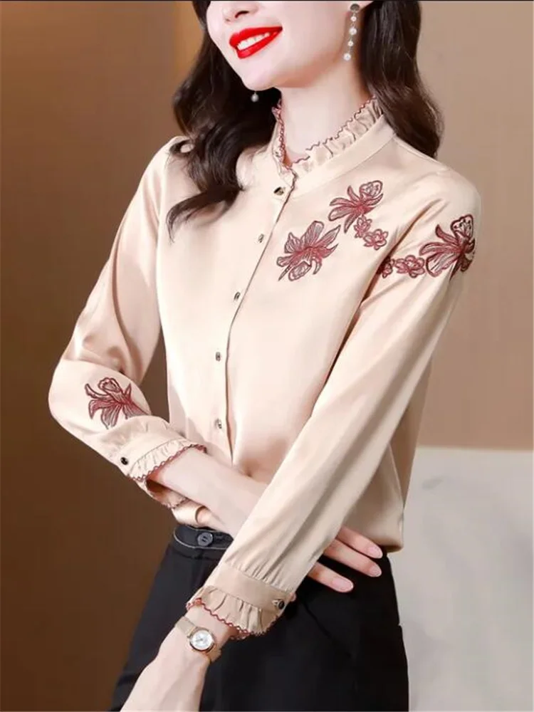 Ruffle Edge Blouses Silk Shirt For Women Long Sleeve Woman Clothes Shirt Embroidery Shirt Sation Female Blouses Button Up Top