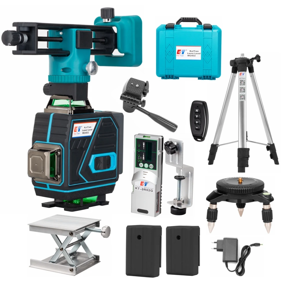Kaitian-receptor Nível Laser Profissional Cruz Horizontal e Vertical 4d Verde 16 Linhas Nível Nível Laser Tripé Auto-nivelamento 360