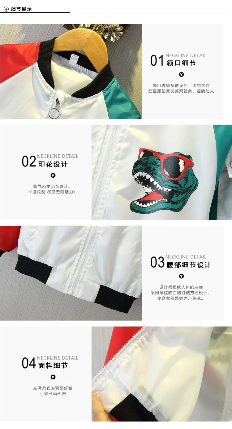 Neue Herbst-Baseballjacke für Jungen, Farbblock-Design mit Raglanärmeln, Dinosaurier-Print, Reißverschluss, Lässige Oberbekleidung für Kinder – Detail 4