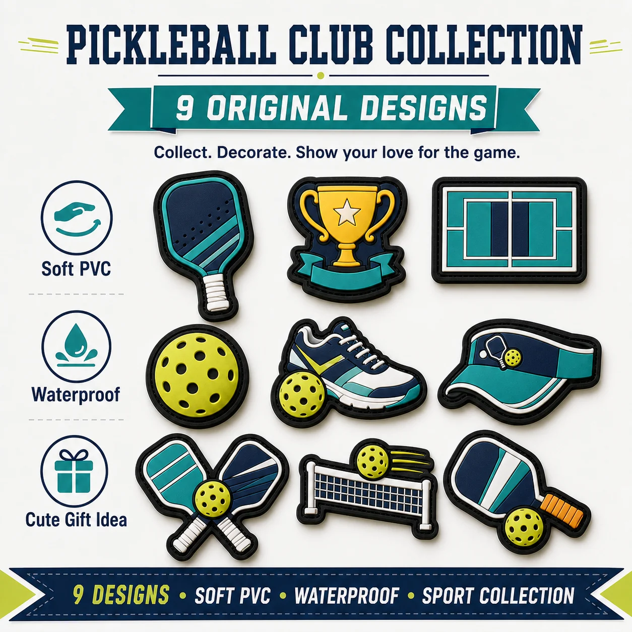 Custom Pickleball PVC Patches Paddle Ball Court Net Trophy Soft Rubber Hook and Loop for Bags Jackets Hats Sports Team Gear