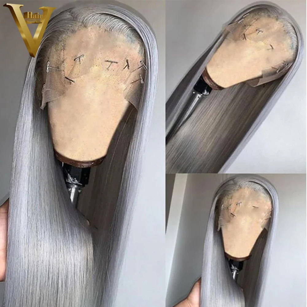 Peruca dianteira reta cinza prateada para mulheres, perucas de cabelo humano virgem brasileiro, 13x4 pré arrancadas HD transparente peruca frontal do laço