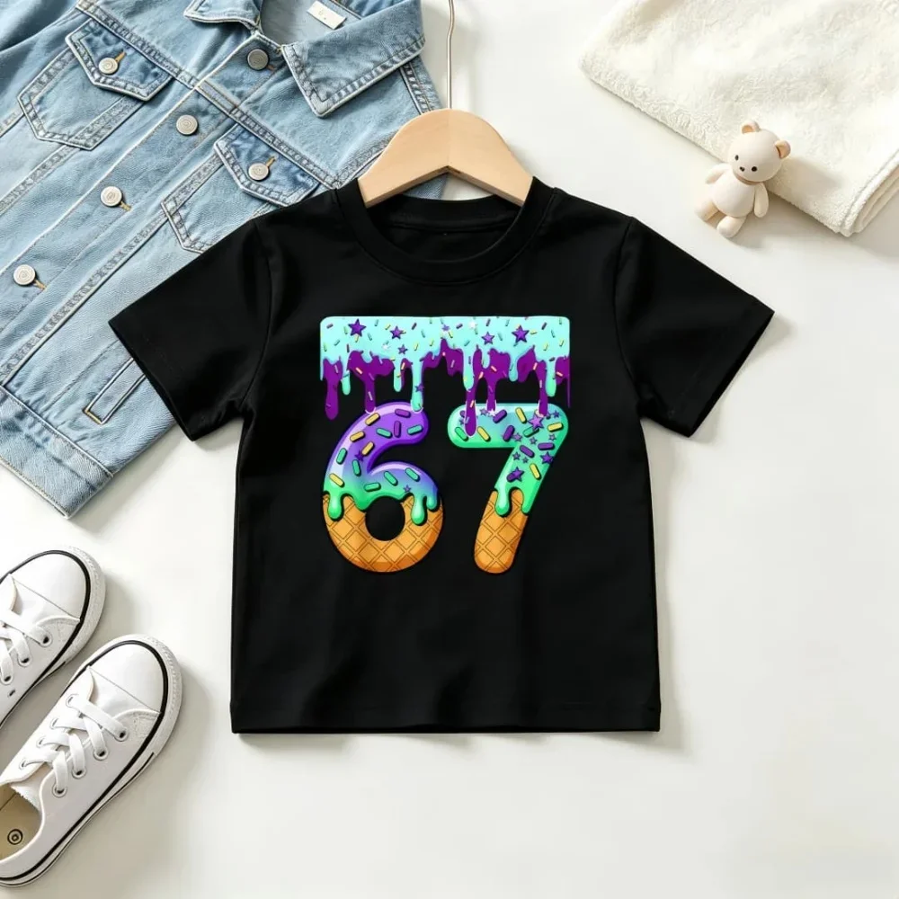 Kids Black Short Sleeve T Shirt Dripping Ice Cream Waffle Cone Number 67 Print Crew Neck Boys Girls Cute Casual Summer Tee