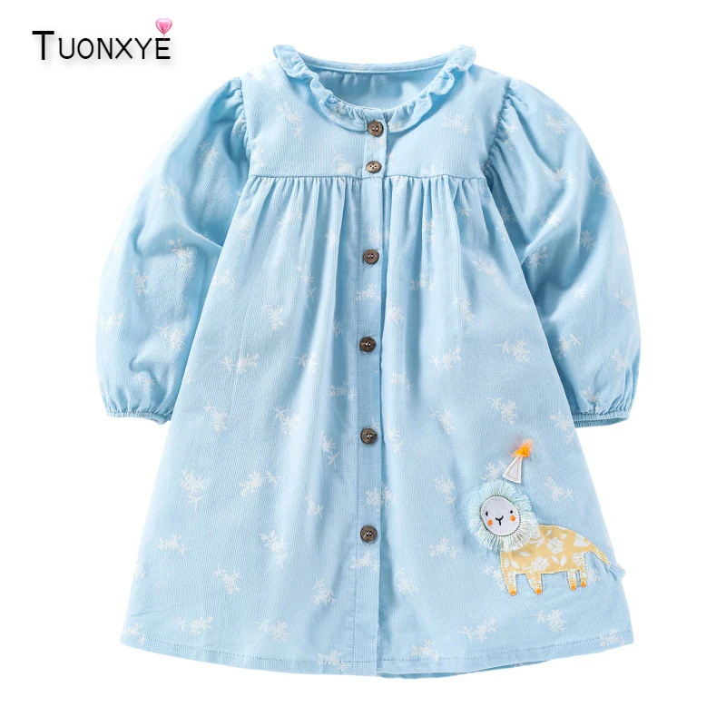 TUONXYE Girls Long Sleeve Dresses Cotton Cartoon Animal Embroidered Lion Button Breathable Baby Casual Clothes