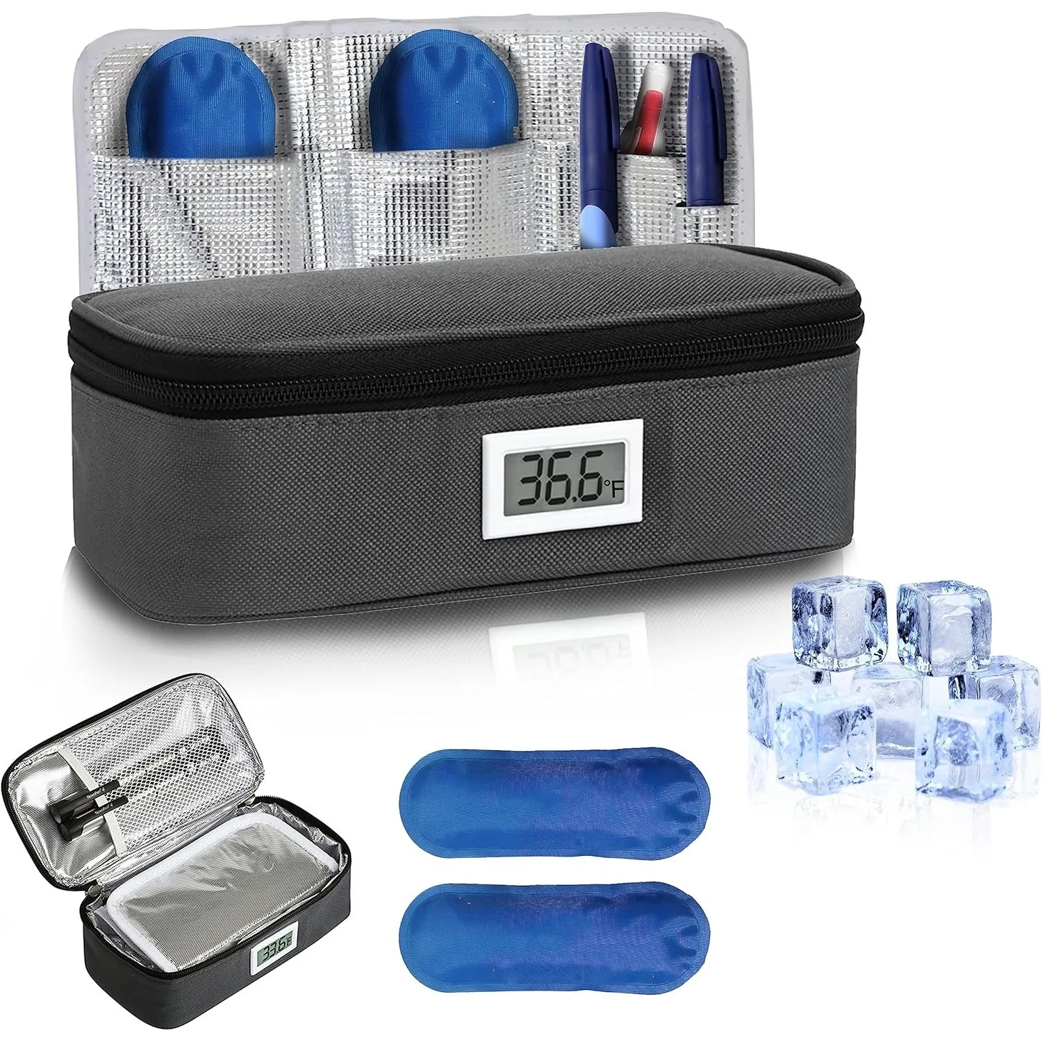 Холодильник для инсулина, футляр для хранения лекарств, диабетиков, дисплей температуры, мини-медицинская сумка-холодильник с 2 пакетами льда для инсулиновых ручек