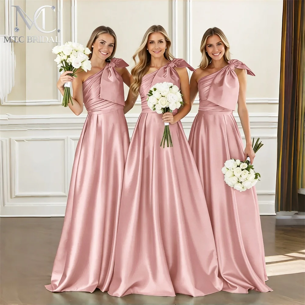 Long Dusty Pink Bridesmaid Dress With Bow A Line One Shoulder Floor Length 2026 Wholesale Wedding Party Gowns Cheap